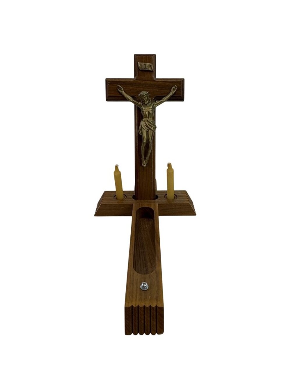 Vintage Crucifix Sick Call Set 13" Walnut Wood Last Rights Cross Catholic INRI